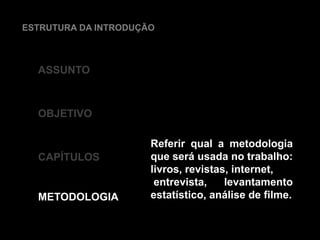 ESTRUTURA DA INTRODUÇÃO
ASSUNTO
OBJETIVO
CAPÍTULOS
METODOLOGIA
Referir qual a metodologia
que será usada no trabalho:
livros, revistas, internet,
entrevista, levantamento
estatístico, análise de filme.
 