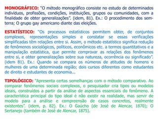 MONOGRÁFICO: “O método monográfico consiste no estudo de determinados
indivíduos, profissões, condições, instituições, grupos ou comunidades, com a
finalidade de obter generalizações”. (idem, 81). Ex.: O procedimento dos sem-
terra; O grupo gay americano diante das eleições.
ESTATÍSTICO: “Os processos estatísticos permitem obter, de conjuntos
complexos, representações simples e constatar se essas verificações
simplificadas têm relações entre si. Assim, o método estatístico significa redução
de fenômenos sociológicos, políticos, econômicos etc. a termos quantitativos e a
manipulação estatística, que permite comprovar as relações dos fenômenos
entre si, e obter generalizações sobre sua natureza, ocorrência ou significado”.
(idem 81). Ex.: Quando se compara os números de atitudes de homens e
mulheres de uma determinada região; dois cursos diferentes como estudantes
de direito e estudantes de economia...
TIPOLÓGICO: “Apresenta certas semelhanças com o método comparativo. Ao
comparar fenômenos sociais complexos, o pesquisador cria tipos ou modelos
ideais, construídos a partir da análise de aspectos essenciais do fenômeno. A
característica principal do tipo ideal é não existir na realidade, mas servir de
modelo para a análise e compreensão de casos concretos, realmente
existentes”. (idem, p. 82). Ex.: O Gaúcho (de José de Alencar, 1870); O
Sertanejo (também de José de Alencar, 1875).
 