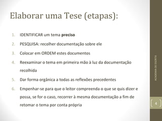 Elaborar uma Tese (etapas): 
1. IDENTIFICAR um tema preciso 
2. PESQUISA: recolher documentação sobre ele 
3. Colocar em ORDEM estes documentos 
4. Reexaminar o tema em primeira mão à luz da documentação 
recolhida 
5. Dar forma orgânica a todas as reflexões precedentes 
6. Empenhar-se para que o leitor compreenda o que se quis dizer e 
possa, se for o caso, recorrer à mesma documentação a fim de 
retomar o tema por conta própria 
ACADEMIA DE ESCRITA 
4 
 