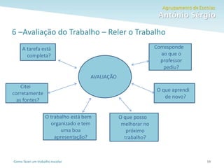 Como fazer um trabalho escolar
6 –Avaliação do Trabalho – Reler o Trabalho
19
AVALIAÇÃO
A tarefa está
completa?
Citei
corretamente
as fontes?
O trabalho está bem
organizado e tem
uma boa
apresentação?
O que posso
melhorar no
próximo
trabalho?
O que aprendi
de novo?
Corresponde
ao que o
professor
pediu?
 