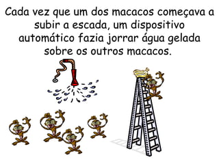 Cada vez que um dos macacos começava a subir a escada, um dispositivo automático fazia jorrar água gelada sobre os outros macacos.  