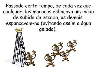 Passado certo tempo, de cada vez que qualquer dos macacos esboçava um início de subida da escada, os demais  espancavam-no (evitando assim a água gelada).  