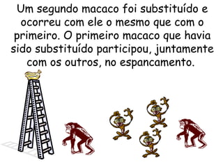 Um segundo macaco foi substituído e
ocorreu com ele o mesmo que com o
primeiro. O primeiro macaco que havia
sido substituído participou, juntamente
com os outros, no espancamento.

 
