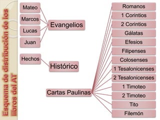Evangelios
Mateo
Marcos
Lucas
Juan
Cartas Paulinas
Romanos
1 Corintios
2 Corintios
Gálatas
Efesios
Filipenses
Colosenses
1 Tesalonicenses
2 Tesalonicenses
1 Timoteo
2 Timoteo
Tito
Filemón
Histórico
Hechos
 