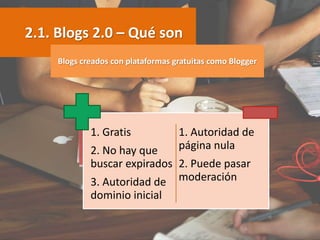 2.1. Blogs 2.0 – Qué son
1. Gratis
2. No hay que
buscar expirados
3. Autoridad de
dominio inicial
1. Autoridad de
página n...