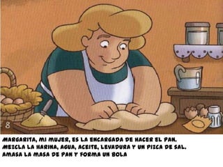 Margarita, mi mujer, es la encargada de hacer el pan.
Mezcla la harina, agua, aceite, levadura y un pizca de sal.
Amasa la masa de pan y forma un bola
 