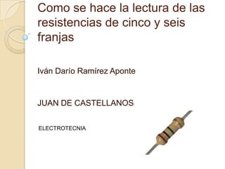 Como se hace la lectura de las
resistencias de cinco y seis
franjas

Iván Darío Ramírez Aponte


JUAN DE CASTELLANOS


ELECTROTECNIA
 