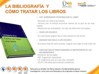 LA BIBLIOGRAFÍA Y
CÓMO TRATAR LOS LIBROS
Nota para no olvidar: los libros clásicos o fundamentales para la
investigación, se les saca una fotocopia y los originales se dejan intactos.
 