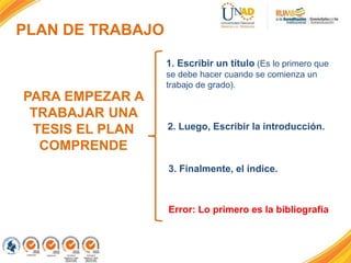 PLAN DE TRABAJO
1. Escribir un título (Es lo primero que
se debe hacer cuando se comienza un
trabajo de grado).
PARA EMPEZAR A
TRABAJAR UNA
TESIS EL PLAN
COMPRENDE
2. Luego, Escribir la introducción.
3. Finalmente, el índice.
Error: Lo primero es la bibliografía
 