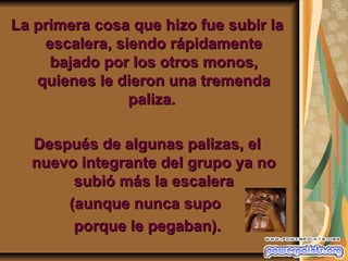 La primera cosa que hizo fue subir la
    escalera, siendo rápidamente
     bajado por los otros monos,
   quienes le dieron una tremenda
                paliza.

  Después de algunas palizas, el
  nuevo integrante del grupo ya no
       subió más la escalera
      (aunque nunca supo
       porque le pegaban).
 
