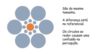 São do mesmo
tamanho.
A diferença está
no referencial.
Os círculos ao
redor causam uma
confusão na
percepção.
 