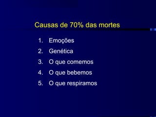 Causas de 70% das mortes

1. Emoções
2. Genética
3. O que comemos
4. O que bebemos
5. O que respiramos
 