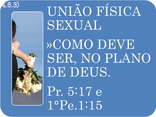 UNIÃO FÍSICA
SEXUAL
»COMO DEVE
SER, NO PLANO
DE DEUS.
Pr. 5:17 e
1°Pe.1:15
 