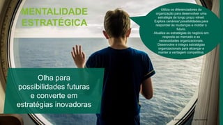 Conceito Mentalidade Estratégica
Olha para
possibilidades futuras
e converte em
estratégias inovadoras
© 2019 Korn Ferry. All rights reserved 7
MENTALIDADE
ESTRATÉGICA
Utiliza os diferenciadores da
organização para desenvolver uma
estratégia de longo prazo viável.
Explora cenários/ possibilidades para
responder às mudanças e moldar o
futuro.
Atualiza as estratégias do negócio em
resposta ao mercado e as
necessidades organizacionais.
Desenvolve e integra estratégias
organizacionais para alcançar e
manter a vantagem competitiva.
 