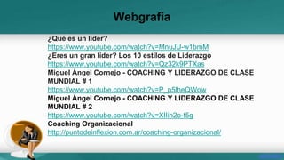 Webgrafía 
¿Qué es un líder? 
https://www.youtube.com/watch?v=MnuJU-w1bmM 
¿Eres un gran líder? Los 10 estilos de Liderazgo 
https://www.youtube.com/watch?v=Qz32k9PTXas 
Miguel Ángel Cornejo - COACHING Y LIDERAZGO DE CLASE 
MUNDIAL # 1 
https://www.youtube.com/watch?v=P_p5lheQWow 
Miguel Ángel Cornejo - COACHING Y LIDERAZGO DE CLASE 
MUNDIAL # 2 
https://www.youtube.com/watch?v=XIIih2o-t5g 
Coaching Organizacional 
http://puntodeinflexion.com.ar/coaching-organizacional/ 
 
