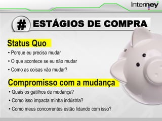 #

ESTÁGIOS DE COMPRA

Status Quo
• Porque eu preciso mudar
• O que acontece se eu não mudar
• Como as coisas vão mudar?

Compromisso com a mudança
• Quais os gatilhos de mudança?
• Como isso impacta minha indústria?
• Como meus concorrentes estão lidando com isso?

 