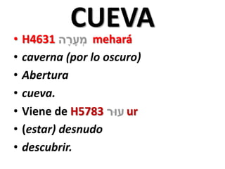 •
•
•
•
•
•
•

CUEVA

H4631
mehará
caverna (por lo oscuro)
Abertura
cueva.
Viene de H5783
ur
(estar) desnudo
descubrir.

 