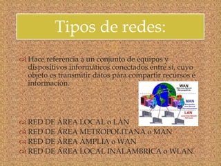 
 Hace referencia a un conjunto de equipos y
dispositivos informáticos conectados entre sí, cuyo
objeto es transmitir datos para compartir recursos e
información.
 RED DE ÁREA LOCAL o LAN
 RED DE ÁREA METROPOLITANA o MAN
 RED DE ÁREA AMPLIA o WAN
 RED DE ÁREA LOCAL INALÁMBRICA o WLAN.
Tipos de redes:
 