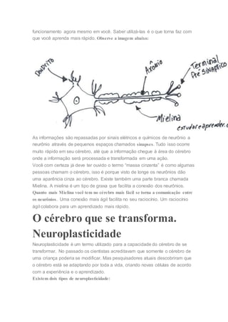 funcionamento agora mesmo em você. Saber utilizá-las é o que torna faz com
que você aprenda mais rápido. Observe a imagem abaixo:
As informações são repassadas por sinais elétricos e químicos de neurônio a
neurônio através de pequenos espaços chamados sinapses. Tudo isso ocorre
muito rápido em seu cérebro, até que a informação chegue à área do cérebro
onde a informação será processada e transformada em uma ação.
Você com certeza já deve ter ouvido o termo “massa cinzenta” é como algumas
pessoas chamam o cérebro, isso é porque visto de longe os neurônios dão
uma aparência cinza ao cérebro. Existe também uma parte branca chamada
Mielina. A mielina é um tipo de graxa que facilita a conexão dos neurônios.
Quanto mais Mielina você tem no cérebro mais fácil se torna a comunicação entre
os neurônios. Uma conexão mais ágil facilita no seu raciocínio. Um raciocínio
ágil colabora para um aprendizado mais rápido.
O cérebro que se transforma.
Neuroplasticidade
Neuroplasticidade é um termo utilizado para a capacidade do cérebro de se
transformar. No passado os cientistas acreditavam que somente o cérebro de
uma criança poderia se modificar. Mas pesquisadores atuais descobriram que
o cérebro está se adaptando por toda a vida, criando novas células de acordo
com a experiência e o aprendizado.
Existem dois tipos de neuroplasticidade:
 