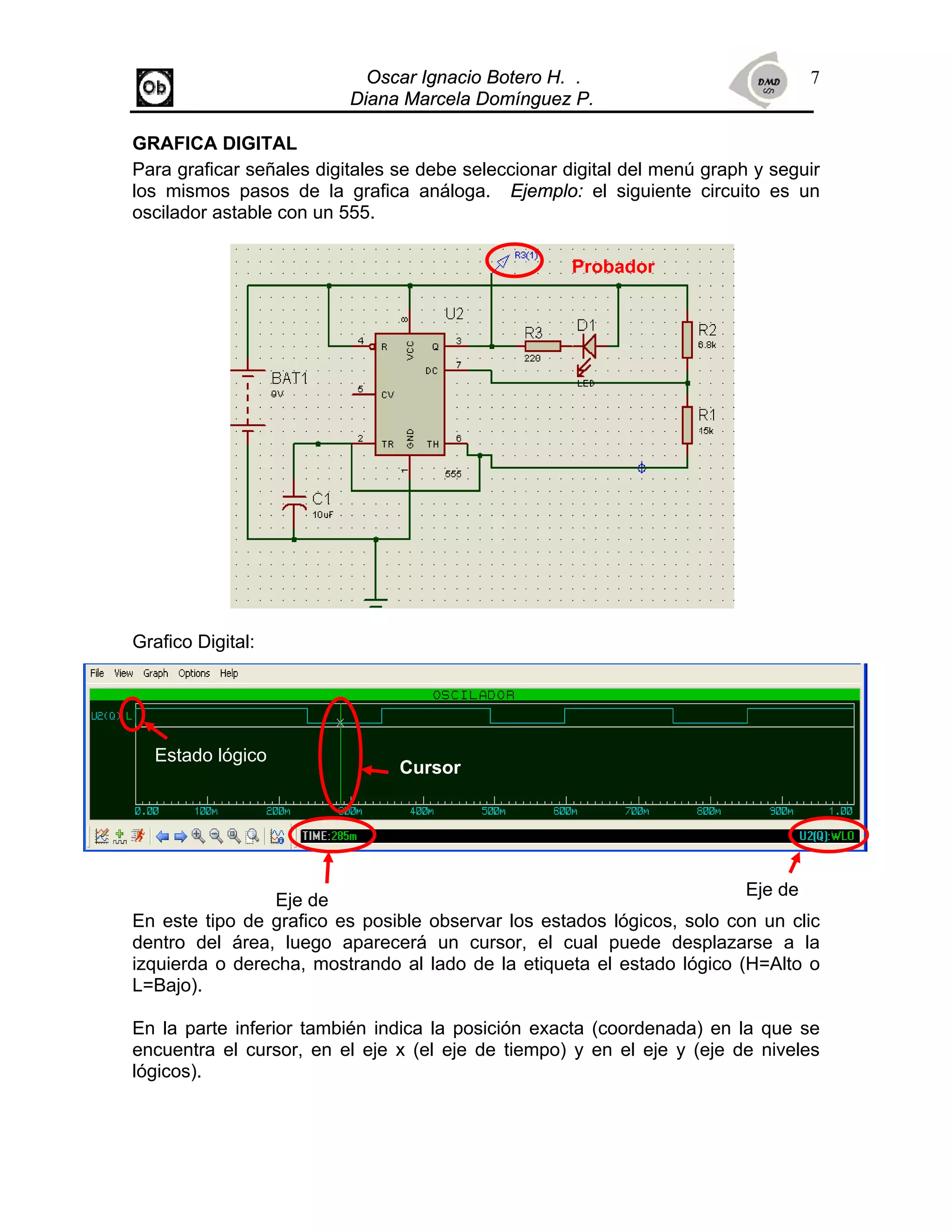 Oscar Ignacio Botero H. .
Diana Marcela Domínguez P.
7
GRAFICA DIGITAL
Para graficar señales digitales se debe seleccionar digital del menú graph y seguir
los mismos pasos de la grafica análoga. Ejemplo: el siguiente circuito es un
oscilador astable con un 555.
Probador
Grafico Digital:
Cursor
Estado lógico
Eje de
Eje de
En este tipo de grafico es posible observar los estados lógicos, solo con un clic
dentro del área, luego aparecerá un cursor, el cual puede desplazarse a la
izquierda o derecha, mostrando al lado de la etiqueta el estado lógico (H=Alto o
L=Bajo).
En la parte inferior también indica la posición exacta (coordenada) en la que se
encuentra el cursor, en el eje x (el eje de tiempo) y en el eje y (eje de niveles
lógicos).
 