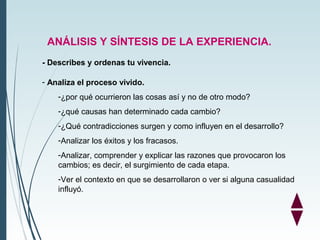 ANÁLISIS Y SÍNTESIS DE LA EXPERIENCIA.
- Describes y ordenas tu vivencia.
- Analiza el proceso vivido.
-¿por qué ocurriero...