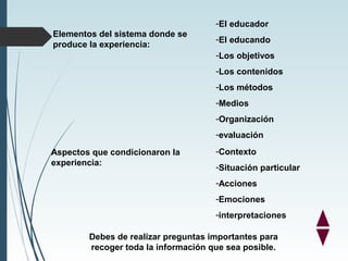 Elementos del sistema donde se
produce la experiencia:
-El educador
-El educando
-Los objetivos
-Los contenidos
-Los métod...