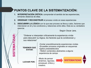 PUNTOS CLAVE DE LA SISTEMATIZACIÓN:
1. INTERPRETACIÓN CRÍTICA: comprender el sentido de las experiencias,
tomando distanci...