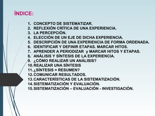 ÍNDICE:
1. CONCEPTO DE SISTEMATIZAR.
2. REFLEXIÓN CRÍTICA DE UNA EXPERIENCIA.
3. LA PERCEPCIÓN.
4. ELECCIÓN DE UN EJE DE D...