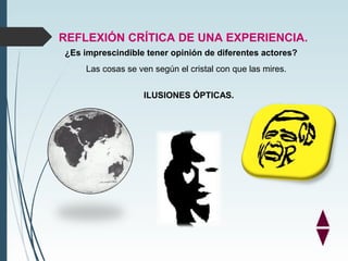 REFLEXIÓN CRÍTICA DE UNA EXPERIENCIA.
¿Es imprescindible tener opinión de diferentes actores?
ILUSIONES ÓPTICAS.
Las cosas...