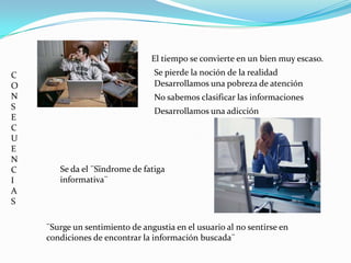 El tiempo se convierte en un bien muy escaso.
C                               Se pierde la noción de la realidad
O                               Desarrollamos una pobreza de atención
N                               No sabemos clasificar las informaciones
S                               Desarrollamos una adicción
E
C
U
E
N
C      Se da el ¨Sïndrome de fatiga
I      informativa¨
A
S

    ¨Surge un sentimiento de angustia en el usuario al no sentirse en
    condiciones de encontrar la información buscada¨
 
