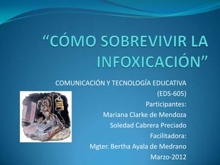 COMUNICACIÓN Y TECNOLOGÍA EDUCATIVA
                              (EDS-605)
                          Participantes:
            Mariana Clarke de Mendoza
               Soledad Cabrera Preciado
                            Facilitadora:
        Mgter. Bertha Ayala de Medrano
                            Marzo-2012
 