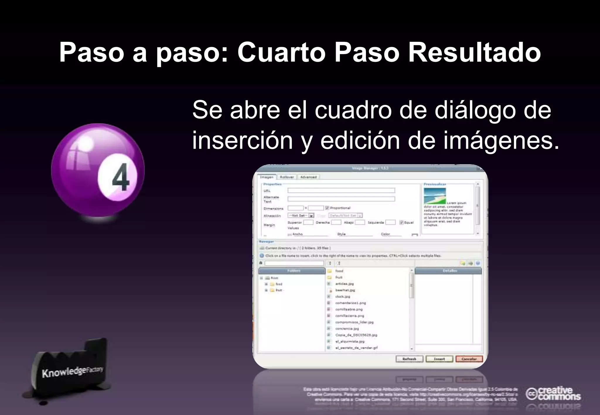 Paso a paso: Cuarto Paso ResultadoSe abre el cuadro de diálogo de inserción y edición de imágenes. 