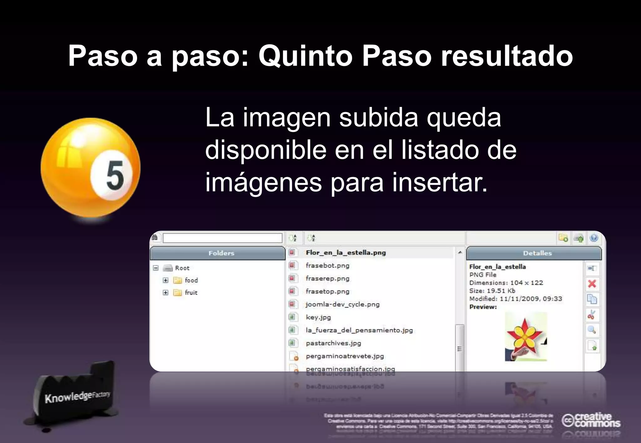 Paso a paso: Quinto Paso resultadoLa imagen subida queda disponible en el listado de imágenes para insertar.