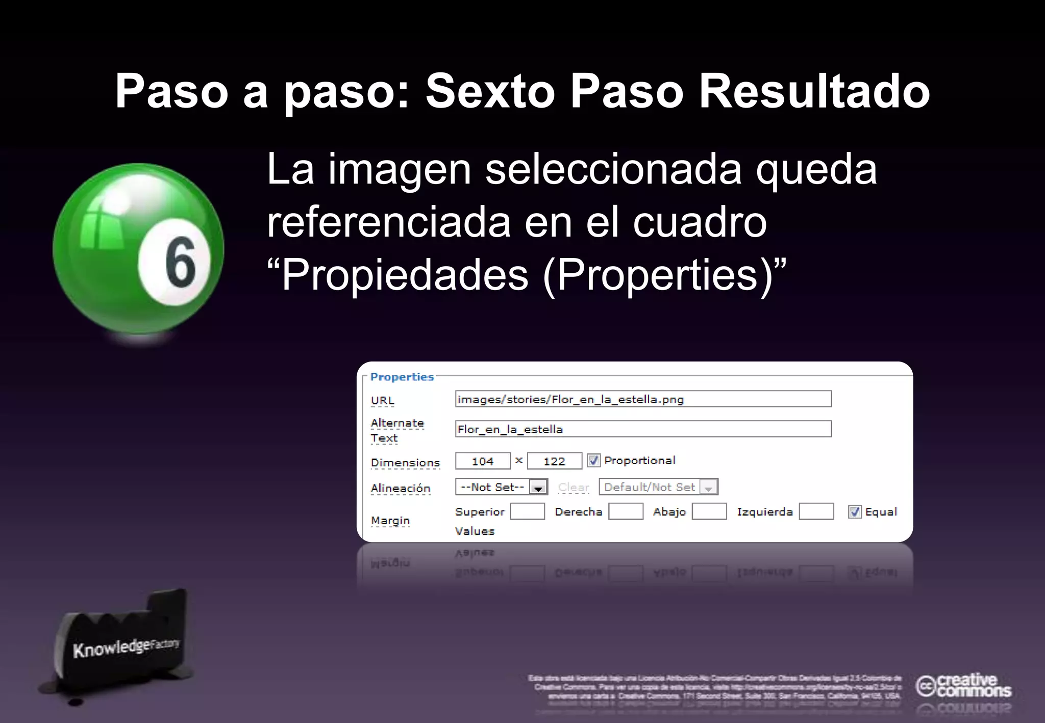 Paso a paso: Sexto Paso ResultadoLa imagen seleccionada queda referenciada en el cuadro “Propiedades (Properties)”