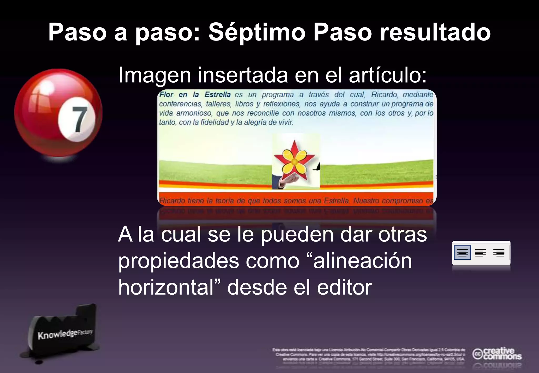 Paso a paso: Séptimo Paso resultadoImagen insertada en el artículo:A la cual se le pueden dar otras propiedades como “alineación horizontal” desde el editor