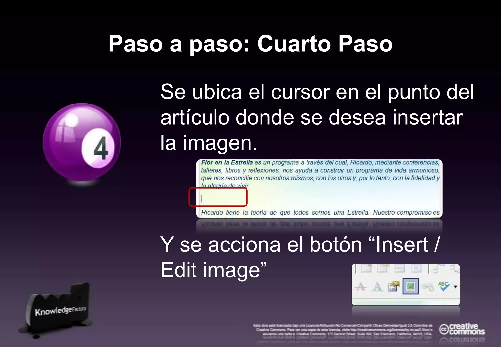 Paso a paso: Cuarto PasoSe ubica el cursor en el punto del artículo donde se desea insertar la imagen.Y se acciona el botón “Insert / Editimage”