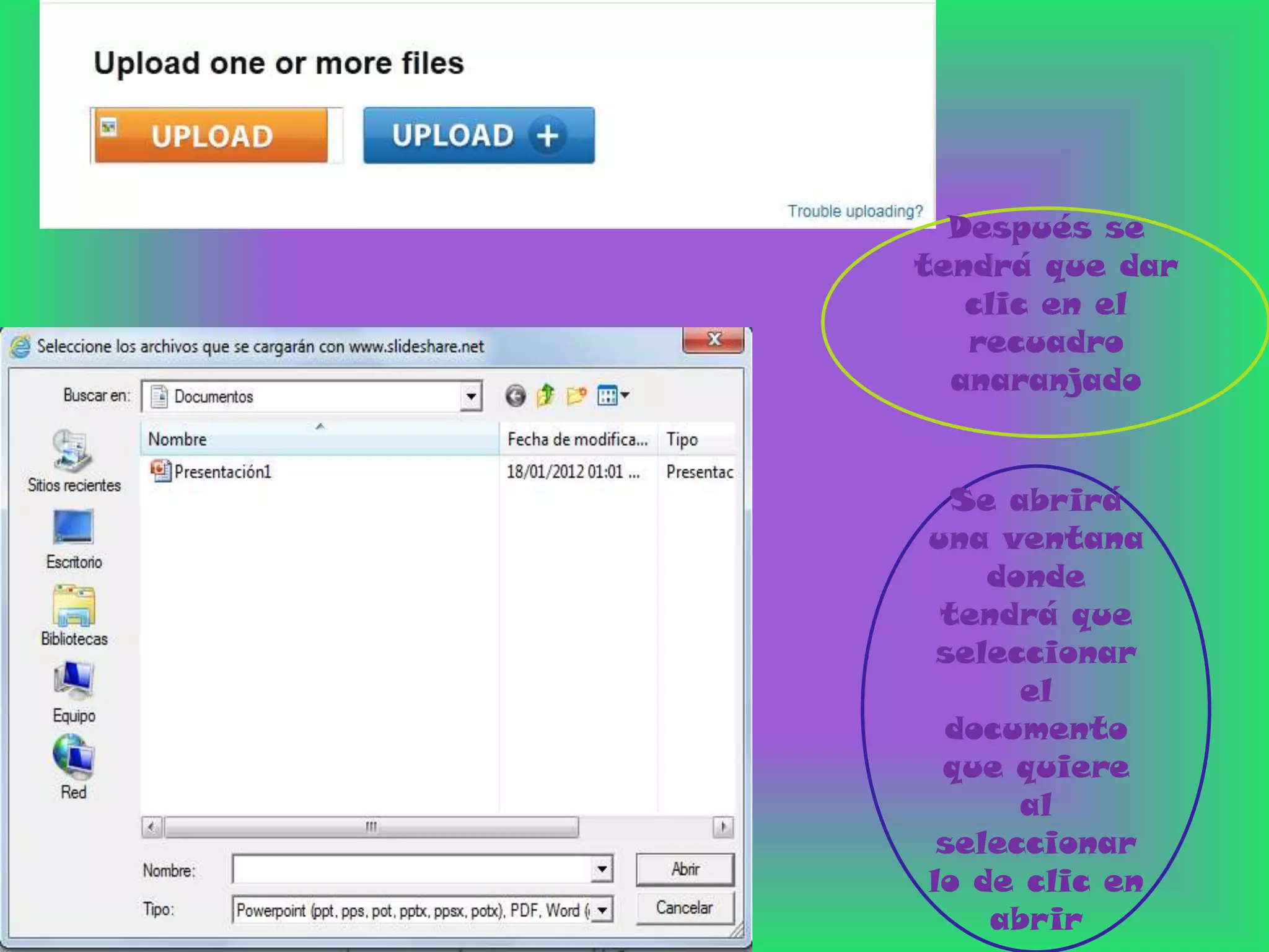 Después se
tendrá que dar
   clic en el
   recuadro
  anaranjado


  Se abrirá
una ventana
    donde
 tendrá que
 seleccionar
      el
 documento
 que quiere
      al
 seleccionar
lo de clic en
    abrir
 