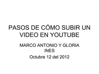 PASOS DE CÓMO SUBIR UN
   VIDEO EN YOUTUBE
  MARCO ANTONIO Y GLORIA
            INES
     Octubre 12 del 2012
 