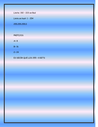 Limite: 192 – 223 en Red

Limte en host: 1 - 254

255.255.255.0




PREFIJOS

A= 8

B= 16

C= 24

ES DECIR QUE LOS 255 = 8 BITS
 
