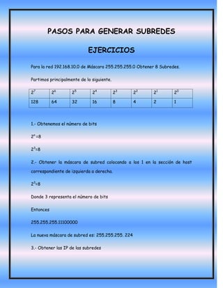PASOS PARA GENERAR SUBREDES

                            EJERCICIOS

Para la red 192.168.10.0 de Máscara 255.255.255.0 Obtener 8 Subredes.

Partimos principalmente de lo siguiente.

27         26       25        24           23     22    21        20

128        64       32        16           8      4     2         1




1.- Obtenemos el número de bits

2n =8

23=8

2.- Obtener la máscara de subred colocando a los 1 en la sección de host

correspondiente de izquierda a derecha.

23=8

Donde 3 representa el número de bits

Entonces

255.255.255.11100000

La nueva máscara de subred es: 255.255.255. 224

3.- Obtener las IP de las subredes
 