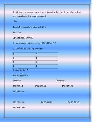 2.- Obtener la máscara de subred colocando a los 1 en la sección de host

correspondiente de izquierda a derecha.

22=4

Donde 2 representa el número de bits

Entonces

255.255.255.11000000

La nueva máscara de subred es: 255.255.255. 192

3.- Obtener las IP de las subredes

0                         0

0                         1

1                         0

1                         1

Frecuencia de 64

Nuevas subredes:

Subredes                                          Broadkast

170.23.55.1              170.23.55.62                  170.23.55.63

170.23.55.64




170.23.55.64                   170.23.55.126                  170.23.55.127

170.23.55.128
 