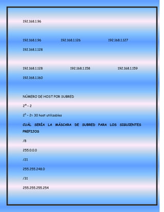 192.168.1.96




192.168.1.96              192.168.1.126             192.168.1.127

192.168.1.128




192.168.1.128                   192.168.1.158             192.168.1.159

192.168.1.160




NÚMERO DE HOST POR SUBRED

2M – 2

25 – 2= 30 host utilizables

CUÁL SERÍA LA MÁSCARA              DE SUBRED PARA    LOS SIGUIENTES

PREFIJOS

/8

255.0.0.0

/21

255.255.248.0

/31

255.255.255.254
 