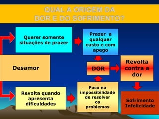 Desamor
Querer somente
situações de prazer
Prazer a
qualquer
custo e com
apego
Revolta quando
apresenta
dificuldades
Foco na
impossibilidade
de resolver
os
problemas
DOR
Revolta
contra a
dor
Sofrimento
Infelicidade
QUAL A ORIGEM DA
DOR E DO SOFRIMENTO?
 