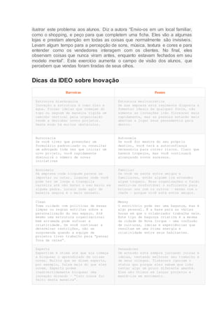 ilustrar este problema aos alunos. Diz a autora “Envio-os em um local familiar,
como o shopping, e peço para que completem uma ficha. Eles vão a algumas
lojas e prestam atenção em todas as coisas que normalmente são invisíveis.
Levam algum tempo para a percepção de sons, música, textura e cores e para
entender como os vendedores interagem com os clientes. No final, eles
observam coisas que nunca viram antes, enquanto estavam fechados em seu
modelo mental”. Este exercício aumenta o campo de visão dos alunos, que
percebem que vendas foram tiradas de seus olhos.
Dicas da IDEO sobre Inovação
Barreiras Pontes
Estrutura hierárquica
Inovação e estrutura é como óleo e
água. Forçar ideias que começam do
topo ou seguem de maneira rigida um
caminho vertical pela organização
tende a derrubar novos projetos.
Deste modo há muitos obstáculos.
Estrutura meritocrática
Se sua empresa está realmente disposta a
fomentar ideais de qualquer fonte, não
somente as inovações irão florescer mais
rapidamente, mas as pessoas estarão mais
abertas a jogar seus pensamentos para
dentro.
Burocracia
Se você tiver que preencher um
formulário padronizado ou consultar
um advogado toda vez que iniciar um
novo projeto, você rapidamente
diminuirá o número de novas
iniciativas
Autonomia
Se você for mestre do seu próprio
destino, você terá a autoconfiança
necessária para correr riscos. Claro que
haverá tropeços, mas você continuará
alcançando novos sucessos.
Anonimato
Há empresa onde ninguém parece se
importar ou notar. Lugares onde você
pode ter um longa e tranquila
carreira até não bater o seu barco em
alguma pedra. Locais onde agir de
maneira segura é o mais sensato.
Familiar
Se você se sente entre amigos e
familiares, então alguém irá entender
algum tropeço. Boas organizações o farão
sentir-se confortável o suficiente para
brincar uns com os outros – mesmo com o
chefe – porque você está entre amigos.
Clean
Tome cuidado com políticas de mesas
limpas ou regras estritas sobre a
personalização do seu espaço. Até
mesmo uma estrutura organizacional
bem arrumada pode sufocar a
criatividade. Se você continuar a
determinar restrições, não se
surpreenda quando a equipe de
projetos tiver trabalho para “pensar
fora da caixa”.
Messy
O escritório pode ser uma bagunça, mas é
algo pessoal. É a base para as várias
horas em que o colaborador trabalha nele.
Este tipo de bagunça criativa é a mesma
da cidade de Nova Iorque – uma confusão
de culturas, ideias e experiências que
resultam em uma ótima energia e
criatividade entre seus habitantes.
Experts
Expertise é ótima até que ela começa
a bloquear o aprendizado de coisas
novas. Muitos que se dizem experts,
por exemplo, falam mais do que eles
ouvem. Experts podem
inadivertidamente bloquear uma
inovação dizendo – “Isto nunca foi
feito desta maneira”.
Pensadores
Um artesão está sempre juntando coisas e
ideias, tentando melhorar seu trabalho e
de seus colegas. Tinkerers ignoram o
status quo porque eles sabem que irão
tentar algo um pouco diferente amanhã.
Eles são ótimos em lançar projetos e
mantê-los em movimento.
 