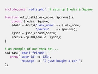 include_once 'redis.php'; # sets up $redis & $queue

function add_task($task_name, $params) {
    global $redis, $queue;
 ...