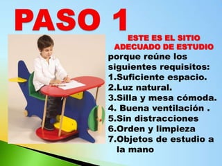 ESTE ES EL SITIO
 ADECUADO DE ESTUDIO
porque reúne los
siguientes requisitos:
1.Suficiente espacio.
2.Luz natural.
3.Silla y mesa cómoda.
4. Buena ventilación .
5.Sin distracciones
6.Orden y limpieza
7.Objetos de estudio a
  la mano
 