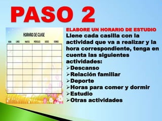 ELABORE UN HORARIO DE ESTUDIO
Llene cada casilla con la
actividad que va a realizar y la
hora correspondiente, tenga en
cuenta las siguientes
actividades:
Descanso
Relación familiar
Deporte
Horas para comer y dormir
Estudio
Otras actividades
 
