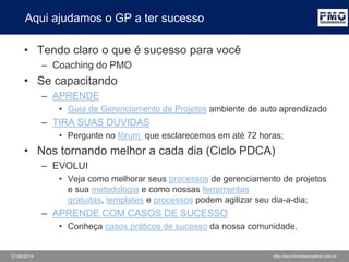27/06/2014 http://escritoriodeprojetos.com.br
Aqui ajudamos o GP a ter sucesso
• Tendo claro o que é sucesso para você
– Coaching do PMO
• Se capacitando
– APRENDE
• Guia de Gerenciamento de Projetos ambiente de auto aprendizado
que contém as melhores práticas de mercado
– TIRA SUAS DÚVIDAS
• Pergunte no fórum que esclarecemos em até 72 horas;
• Nos tornando melhor a cada dia (Ciclo PDCA)
– APERFEIÇOA
• Aperfeiçoe seus processos e sua metodologia com nossas
melhores práticas, ferramentas e templates gratuitos revisados no
nosso programa de melhoria contínua
– APRENDE COM CASOS DE SUCESSO
• Conheça casos práticos de sucesso da nossa comunidade.
 