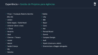  Firjan / Fundação Roberto Marinho
(Rio+20)
 Ambev
 Build Angola / Build Brasil
 Unilever (Dove e Axe)
 L’Óreal
 Nov...