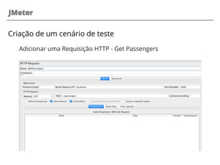 JMeter
Criação de um cenário de teste
Adicionar uma Requisição HTTP - Get Passengers
 